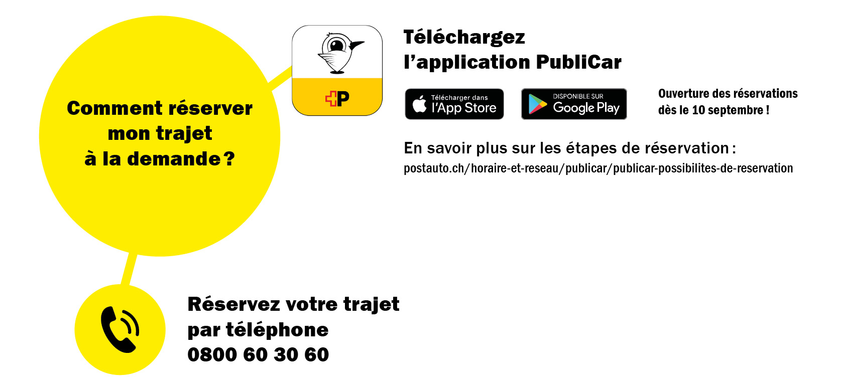 Comment réserver mon trajet à la demande ? Téléchargez l’application PubliCar ou Réservez votre trajet par téléphone 0800 60 30 60