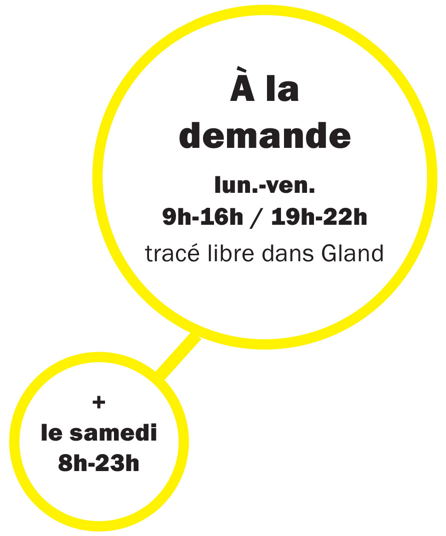 Durant le reste de la journée jusqu’à 22h en semaine, et de 8h à 23h le samedi, une navette pourra être appelée « à la demande » depuis n’importe quel endroit à Gland via une application dédiée ou avec une réservation par téléphone. Ce service « à la demande » sera aussi disponible le samedi sur l’ensemble de la journée (voir Informations pratiques ci-dessous).