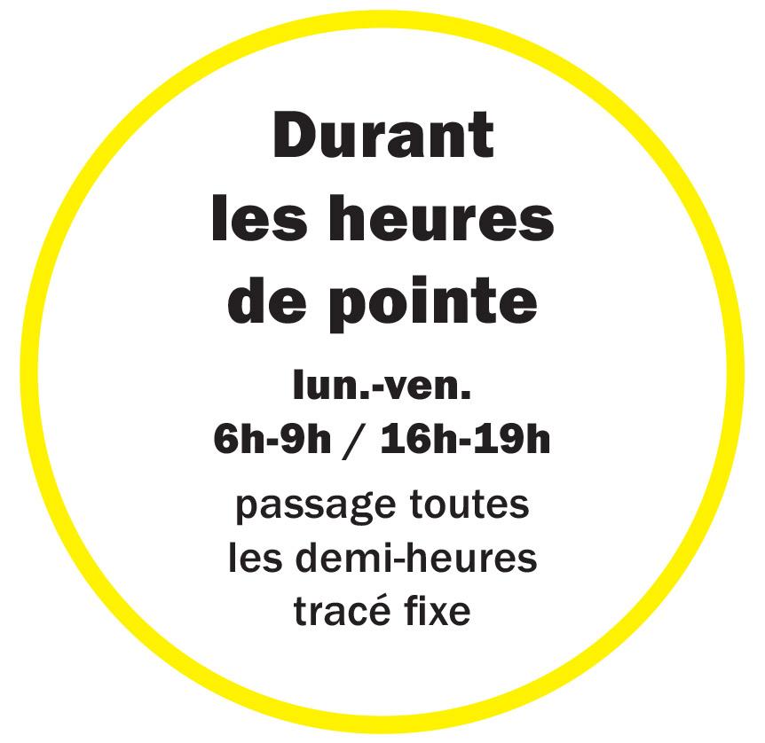 En heure de pointe (de 6h à 9h le matin et de 16h à 19h le soir), une navette circulera sur un tracé fixe (voir ci-dessous) et cadencé à la demi-heure.